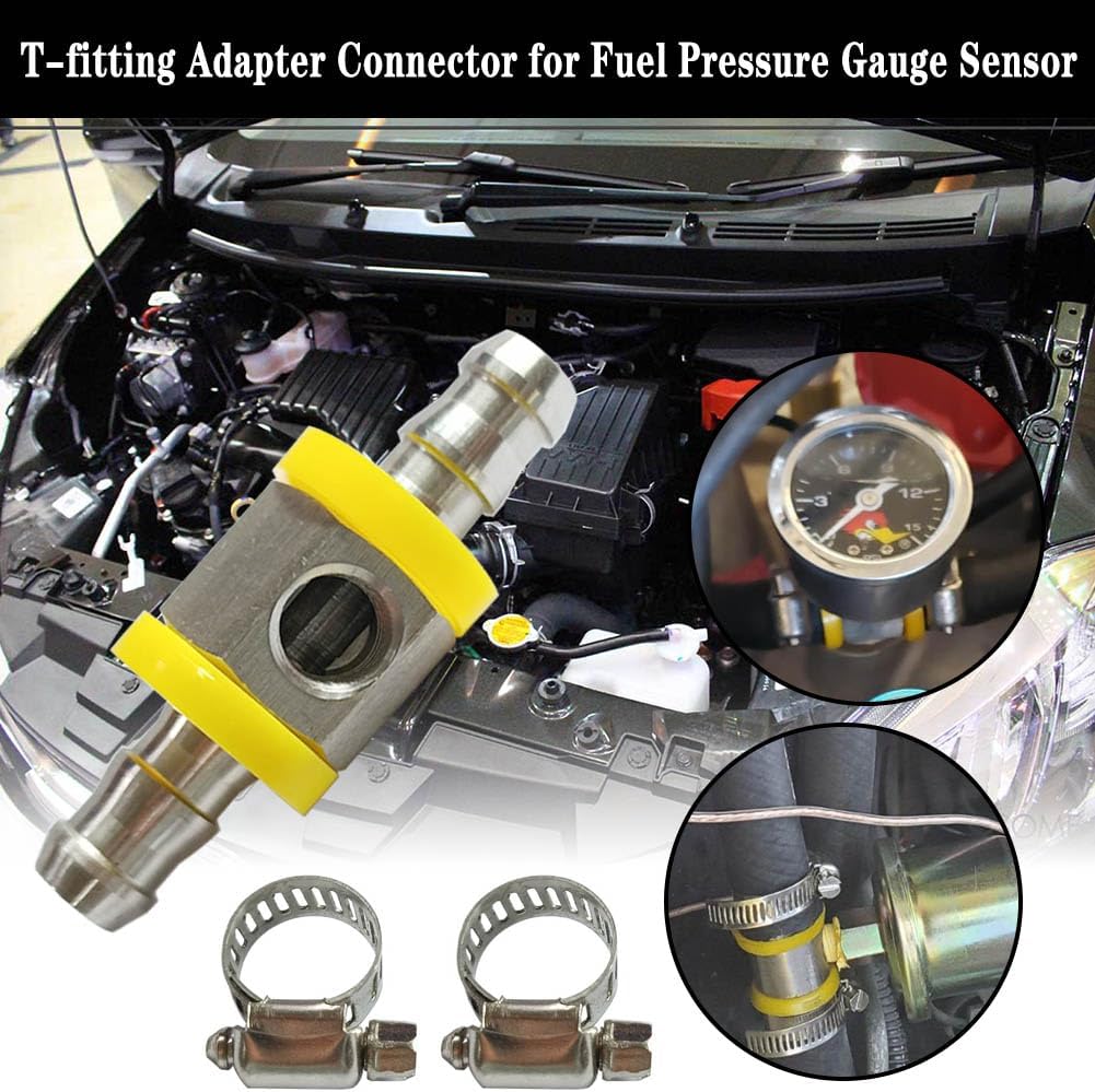 3/8” Fuel Line Fuel Pressure Barbed Ph Lock T-Fitting Adapter with 1/8-27 NPT Sensor Port 304 Stainless Steel Includes 2 Clamps Fits Hose with 9.5mm ID Inner Diameter
