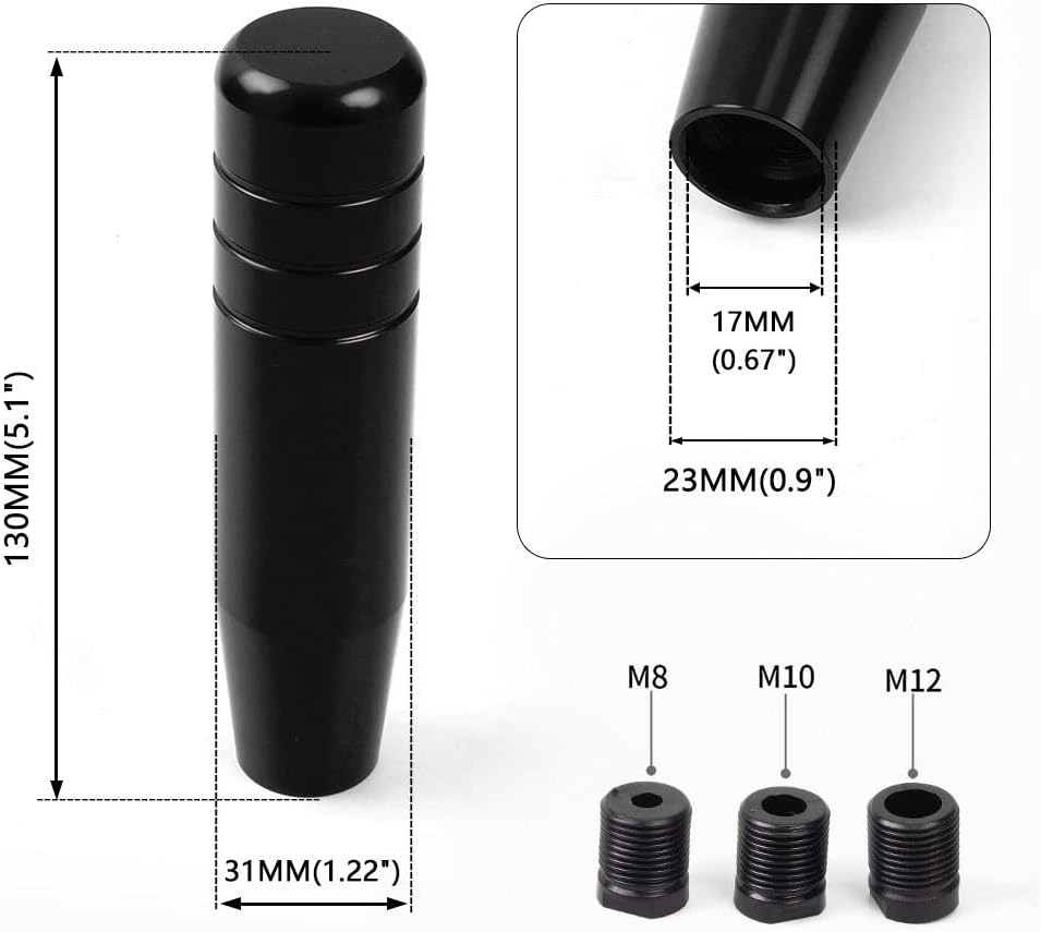 5" Gear Stick Shifter Knobs, Aluminum Alloy Shifting Lever Heavy Weighted Car Manual Transmission Shift Head Knob Fit Most Automatic Vehicles with 3 Adapters M8 M10 M12 Black