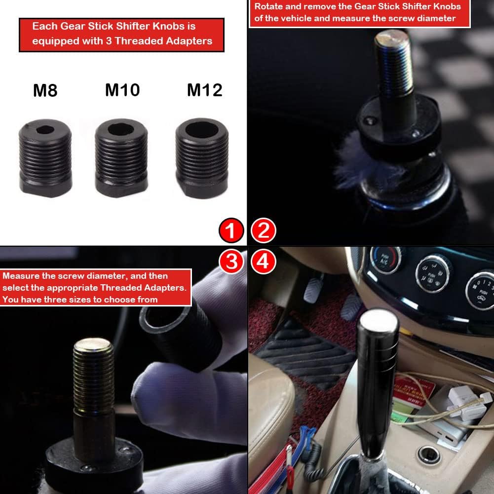 5" Gear Stick Shifter Knobs, Aluminum Alloy Shifting Lever Heavy Weighted Car Manual Transmission Shift Head Knob Fit Most Automatic Vehicles with 3 Adapters M8 M10 M12 Black