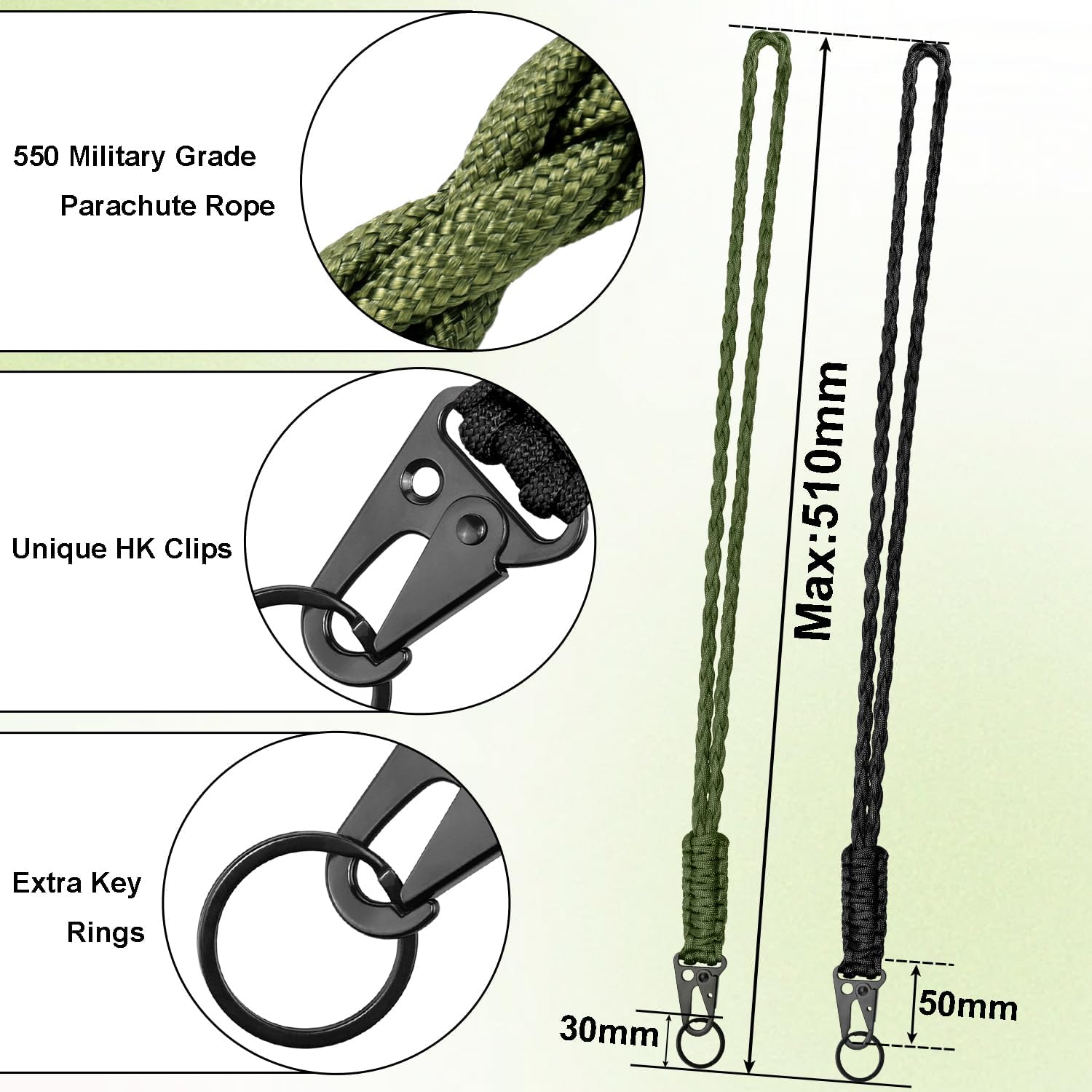 CooBigo 2 Set Heavy Duty Paracord Lanyard Necklace Keychains with HK Clip,550 Parachute Lanyard for Keys, ID Card Badge