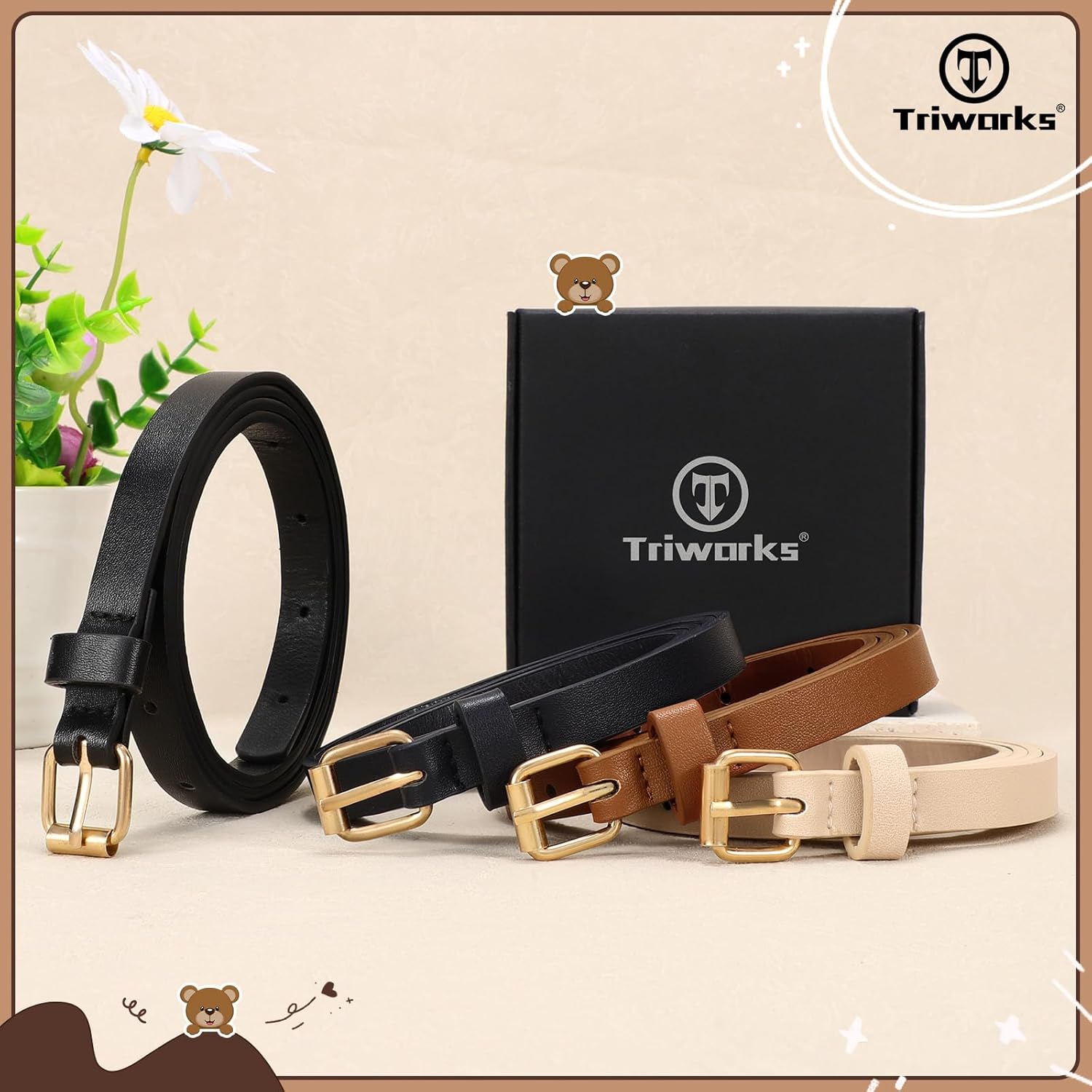 4 Pack Girls Skinny Leather Belts for Jeans Dress Thin Waist Belts for Girl with Gold Buckle