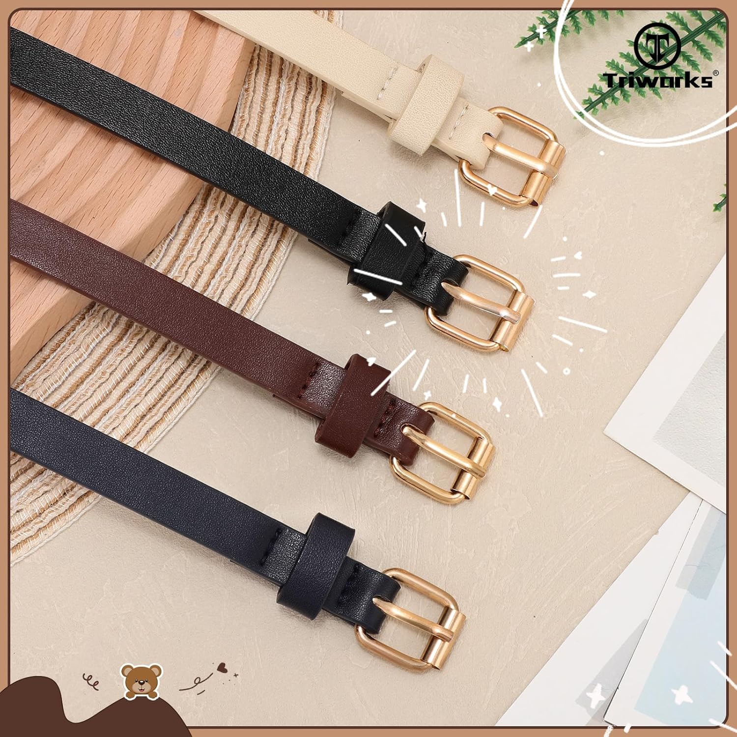 4 Pack Girls Skinny Leather Belts for Jeans Dress Thin Waist Belts for Girl with Gold Buckle