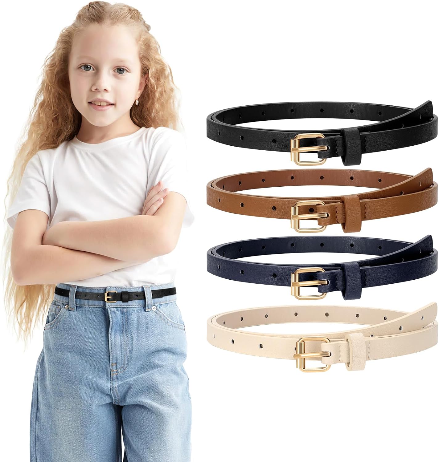 4 Pack Girls Skinny Leather Belts for Jeans Dress Thin Waist Belts for Girl with Gold Buckle