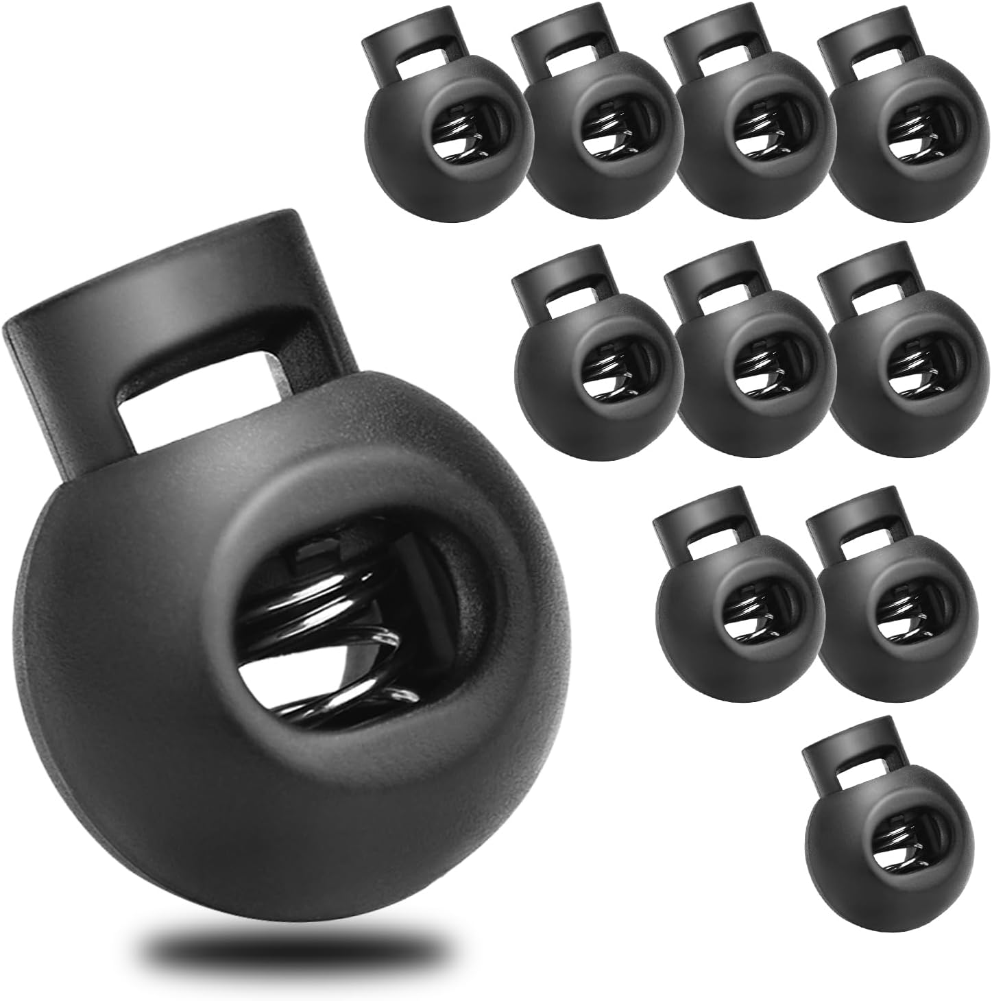 CooBigo 50Pack Single Hole Round Plastic Cord Locks, Spring Toggle Stopper for Drawstring Paracord Elastic Shoeslace Lock Glove Hats Sweatpant Hoodie Backpack String Clip Fastener Replacement