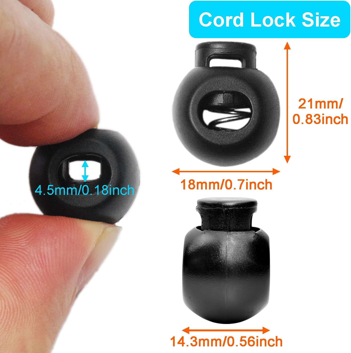 CooBigo 50Pack Single Hole Round Plastic Cord Locks, Spring Toggle Stopper for Drawstring Paracord Elastic Shoeslace Lock Glove Hats Sweatpant Hoodie Backpack String Clip Fastener Replacement