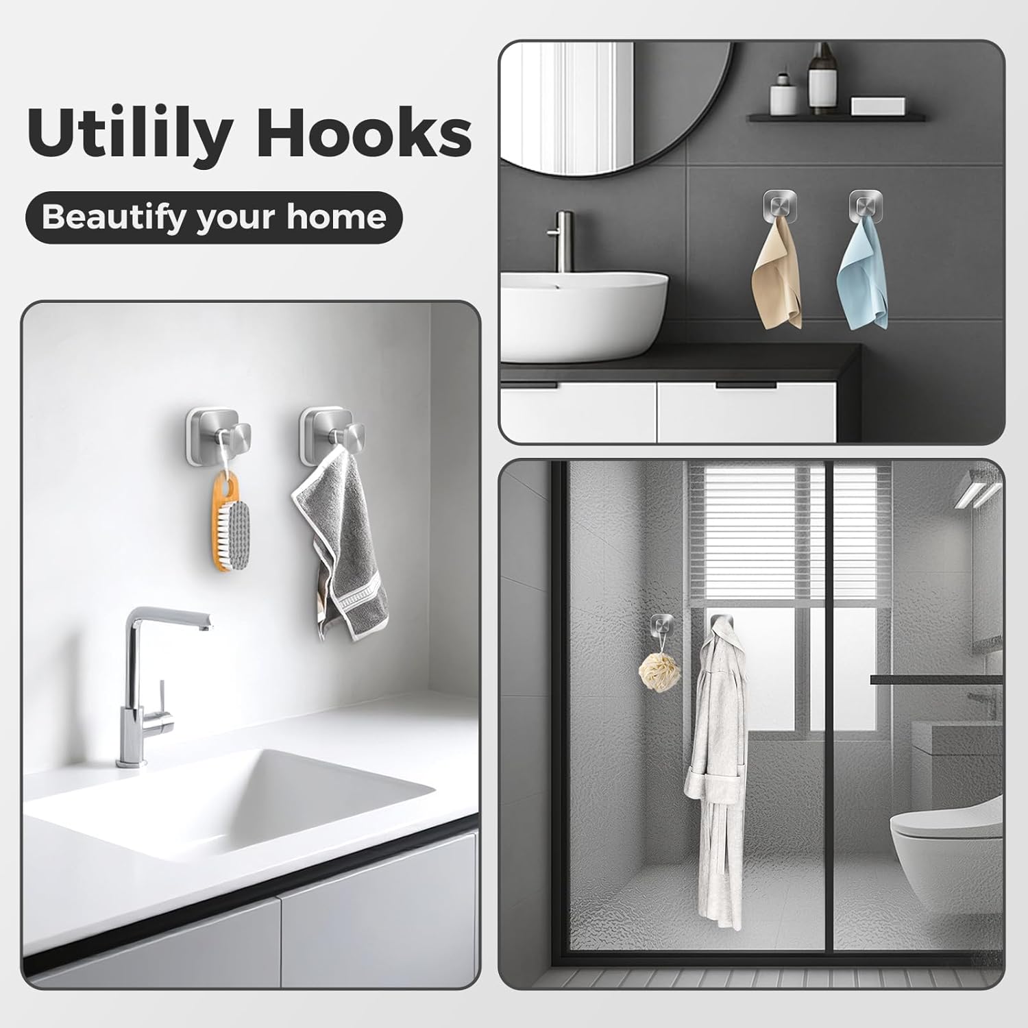 Shower Hooks for Inside Shower,Reable Suction Cup Hooks for Glass Window,Mirror,Removable Towel Hooks for Bathroom,2 Pack Silver
