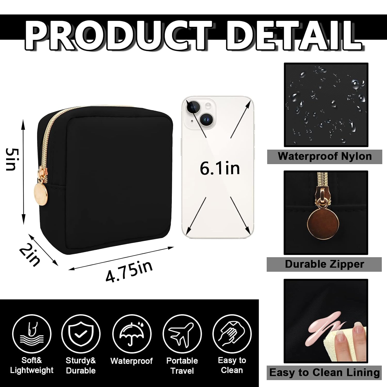 Waterproof Mini Makeup Bag for Purse,Small Cosmetic Pouch Nylon Travel Toiletry Organizers Bag for Women Girls,Cute Zipper Preppy Coin Purse for Work Mini-Black