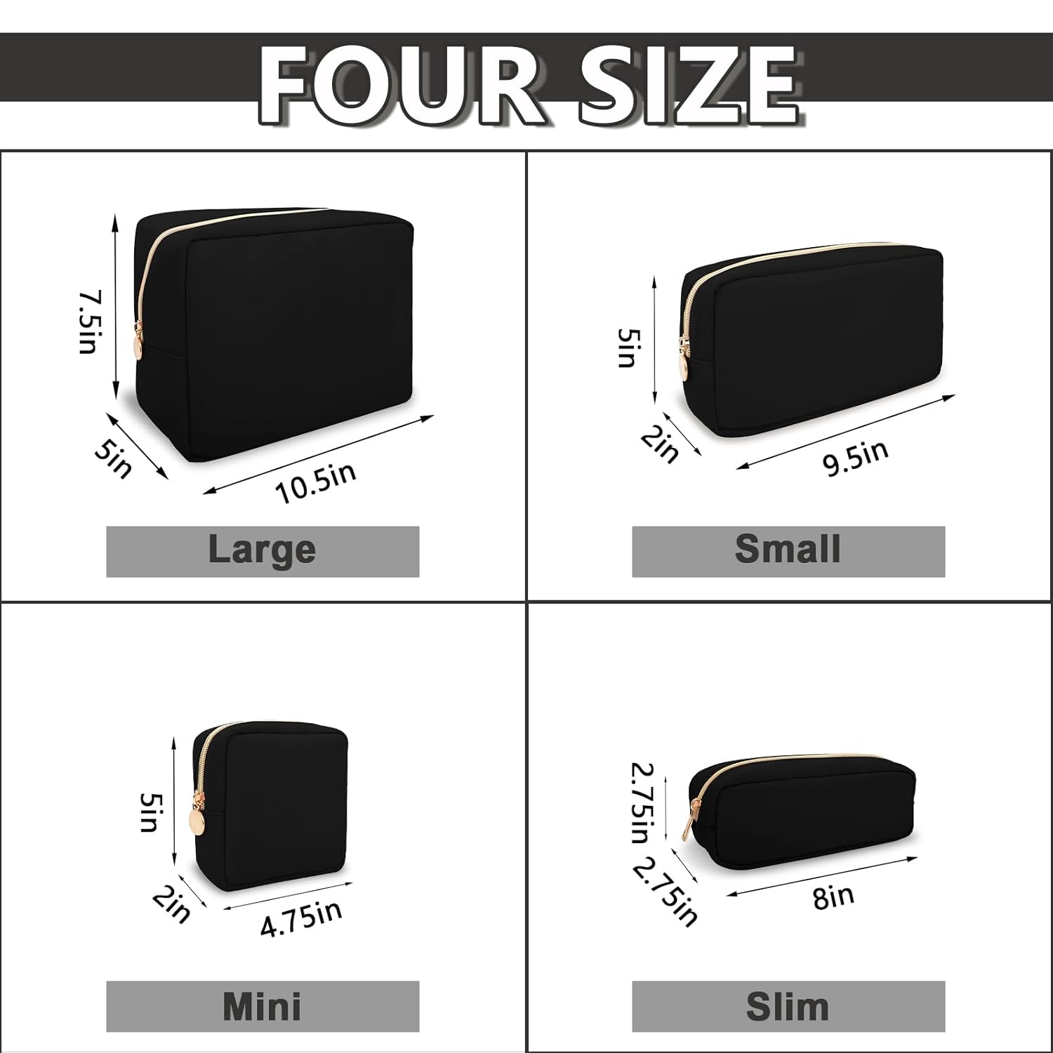 Waterproof Mini Makeup Bag for Purse,Small Cosmetic Pouch Nylon Travel Toiletry Organizers Bag for Women Girls,Cute Zipper Preppy Coin Purse for Work Mini-Black
