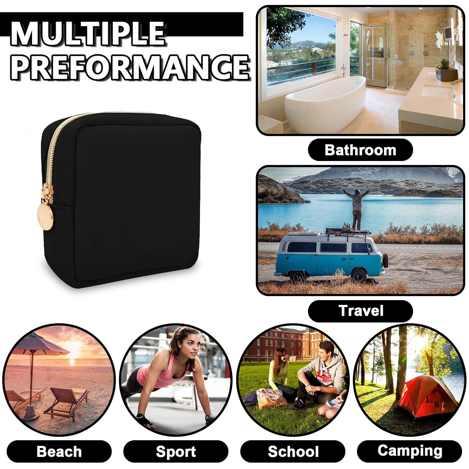 Waterproof Mini Makeup Bag for Purse,Small Cosmetic Pouch Nylon Travel Toiletry Organizers Bag for Women Girls,Cute Zipper Preppy Coin Purse for Work Mini-Black