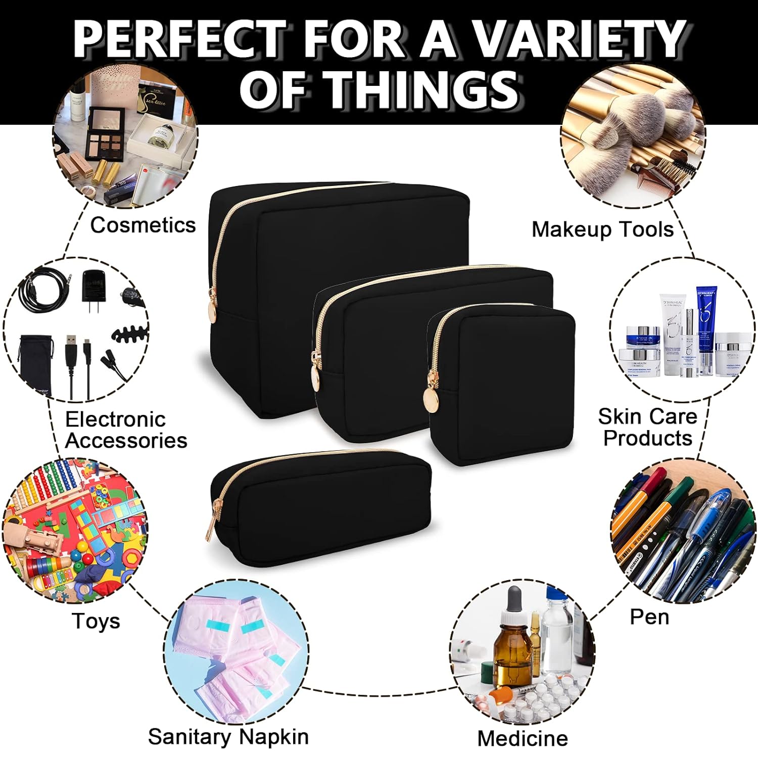 Waterproof Mini Makeup Bag for Purse,Small Cosmetic Pouch Nylon Travel Toiletry Organizers Bag for Women Girls,Cute Zipper Preppy Coin Purse for Work Mini-Black