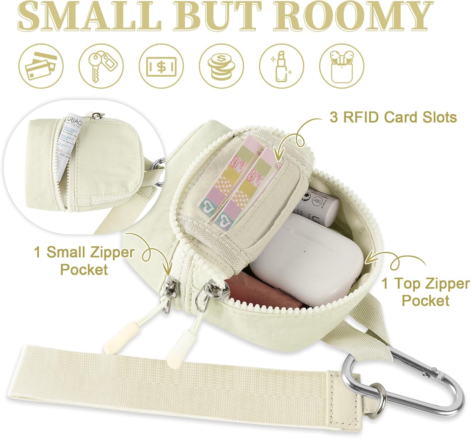 Mini Backpack Keychain Wristlet Wallet Pouch for Women/Men,Small Cute Change Coin Purse With 3 RFID Card Slots,Portable Waterproof Zipper Airpods Cosmetics Wallet for Daily Sport Work Beige