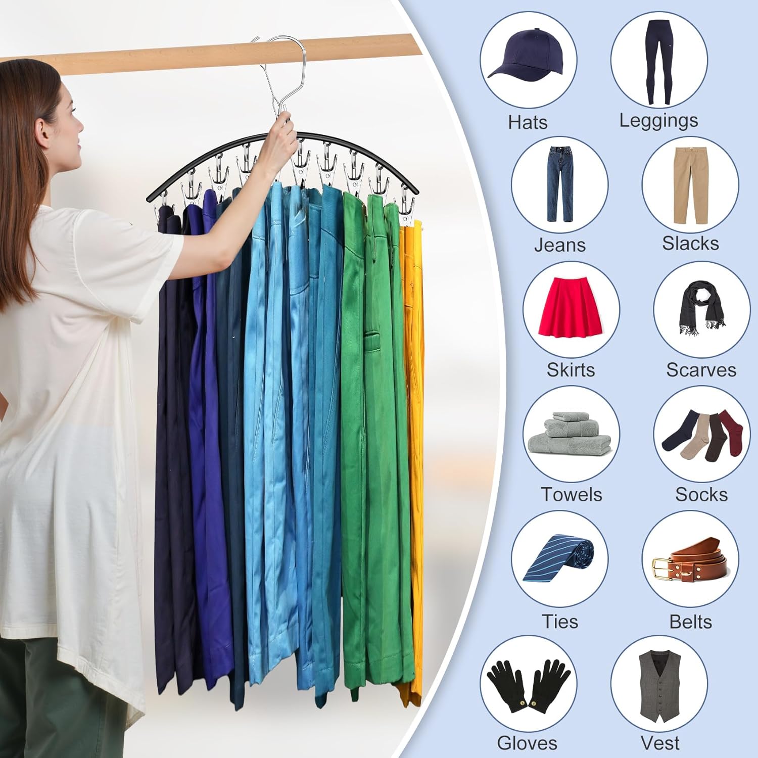 3 Pack Skirt Pants Hangers with Clips, Legging Organizer for Closet Hanging with 10 Cilps Holds 30 Leggings/Shorts/Jeans/Skirts Pants Hangers Space Saving Closet Organizers and Storage, Black