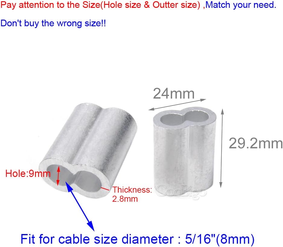 10pcs 5/16" Aluminum Cable Crimps Cable Ferrule Clip Fittings for Crimping Wire Rope Cable M8, FLQ049-8.0