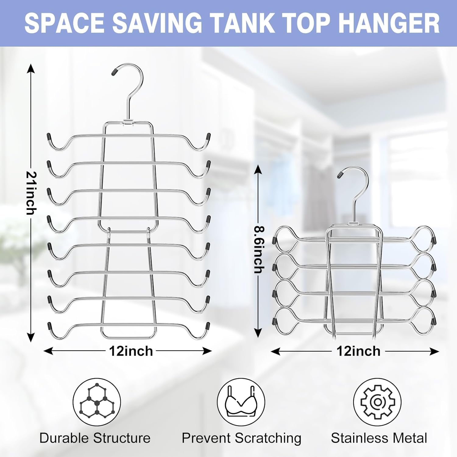 2Pcs Tank Top Hangers Space Saving Hanger Organizer Bra Hangers for Closet Organizer 360° Rotating Metal Closet Organizers and Storage Lingerie Hangers for Cami Bras Belts Swimsuits Lingeries Silver