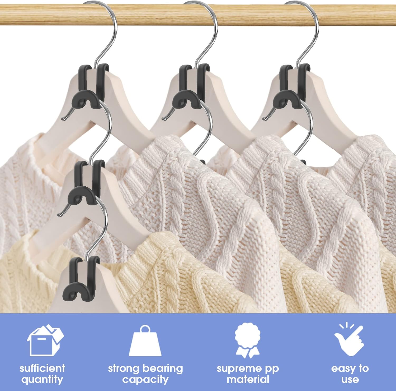 100Pcs Space Saving Hanger Hooks, Plastic Clothes Hanger Connector Hooks, Heavy Duty Space Saver Hanger Extender Clips for Closet Organizers, Black