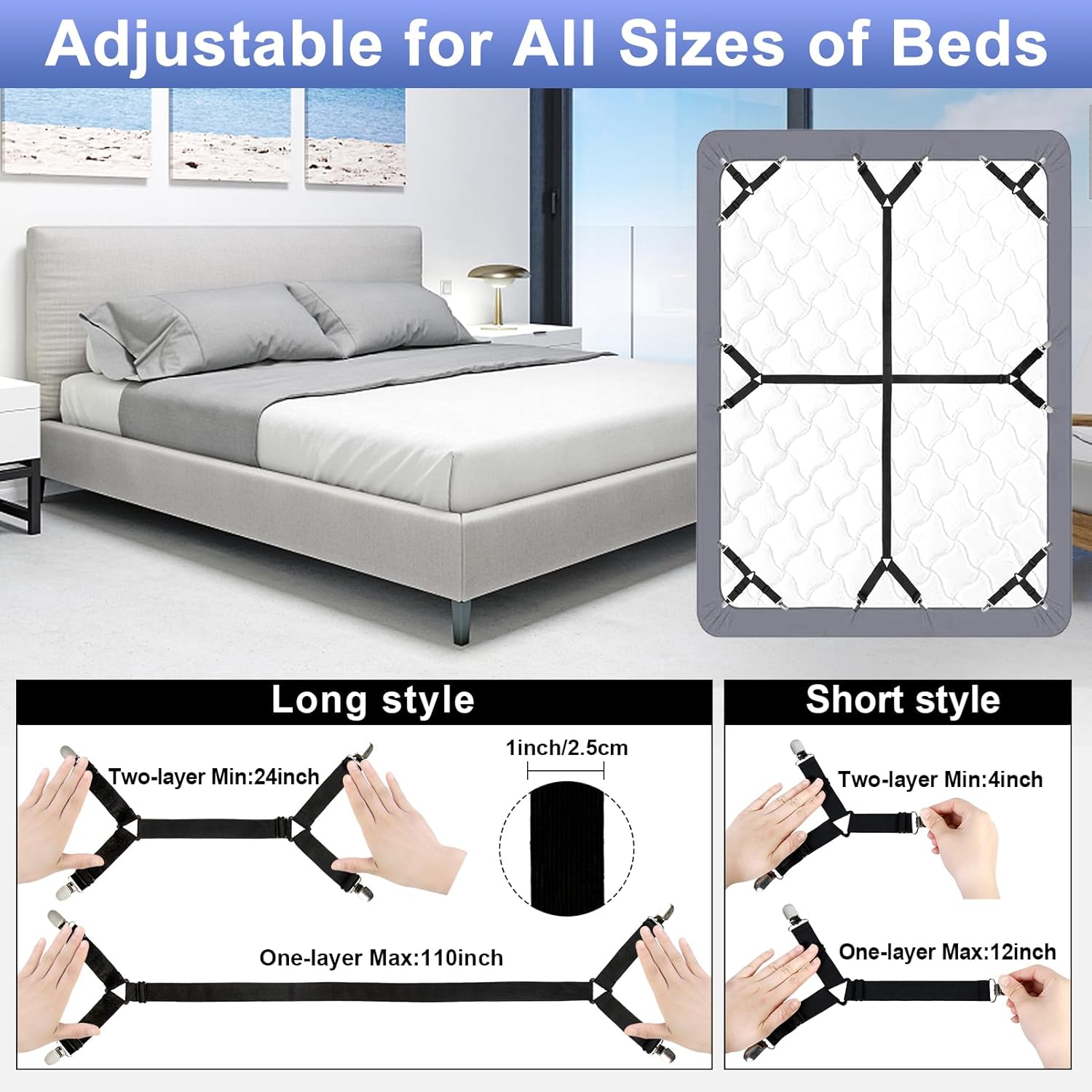 Bed Sheet Straps, 6 Pack Fitted Bed Sheet Fasteners Clips Adjtable Crisscross Bed Sheet Holder Straps for Corners Mattress Sheet Spenders Grippers Bedding Accessories, Black
