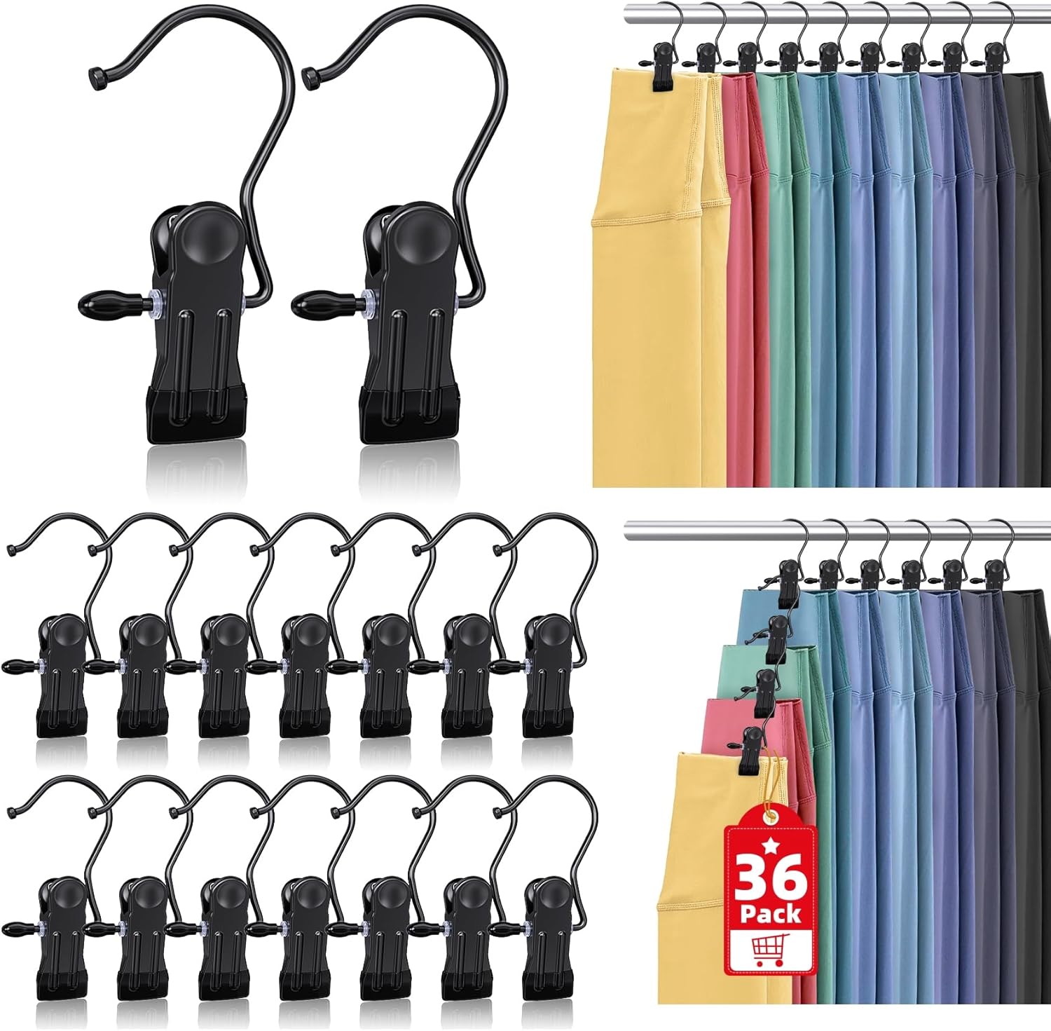 36 Pack Boot Hangers Clips for Closet, Laundry Hooks Hanging Clips Pants Hangers with Clips Legging Organizer Clothes Pins Hanger Clips for Closet Organizer Towel Socks Hats Jeans Home Travel Black