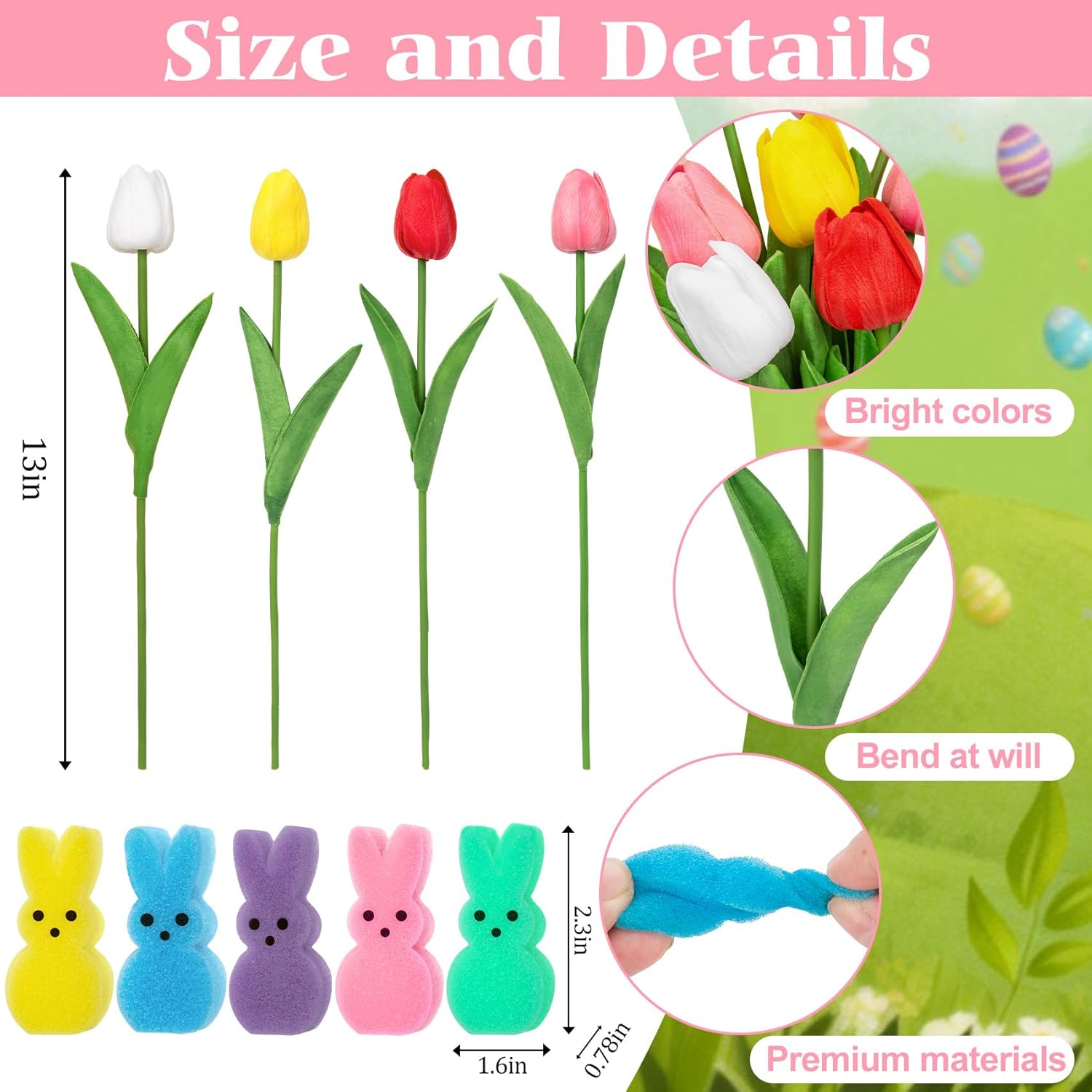 75Pcs Easter Decorations Set with 15Pcs Artificial Tulips and 60Pcs Sponge Bunnies Peeps Vase Filler, Spring Decorations for Home Indoor Decor Table Centerpiece Easter Gifts Vase Not Included