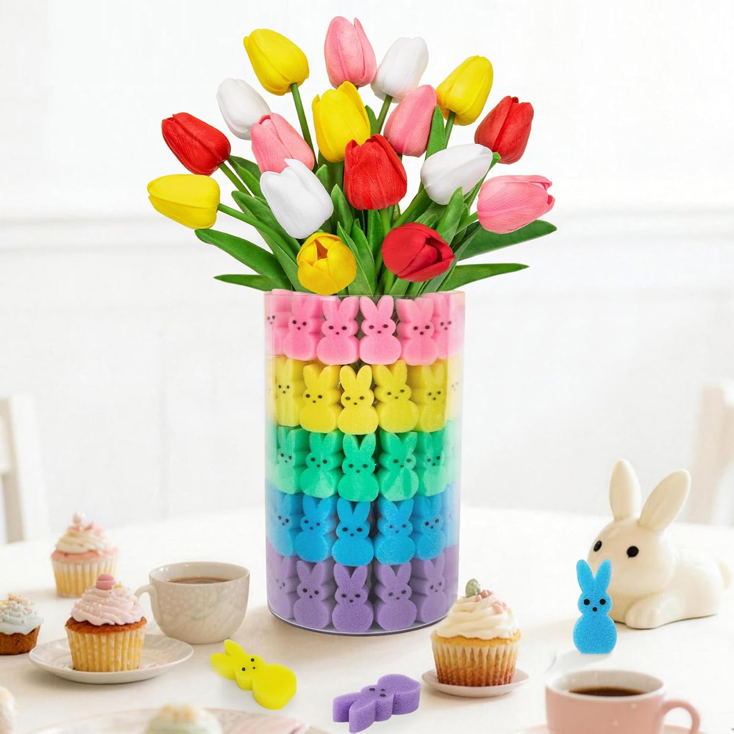 75Pcs Easter Decorations Set with 15Pcs Artificial Tulips and 60Pcs Sponge Bunnies Peeps Vase Filler, Spring Decorations for Home Indoor Decor Table Centerpiece Easter Gifts Vase Not Included