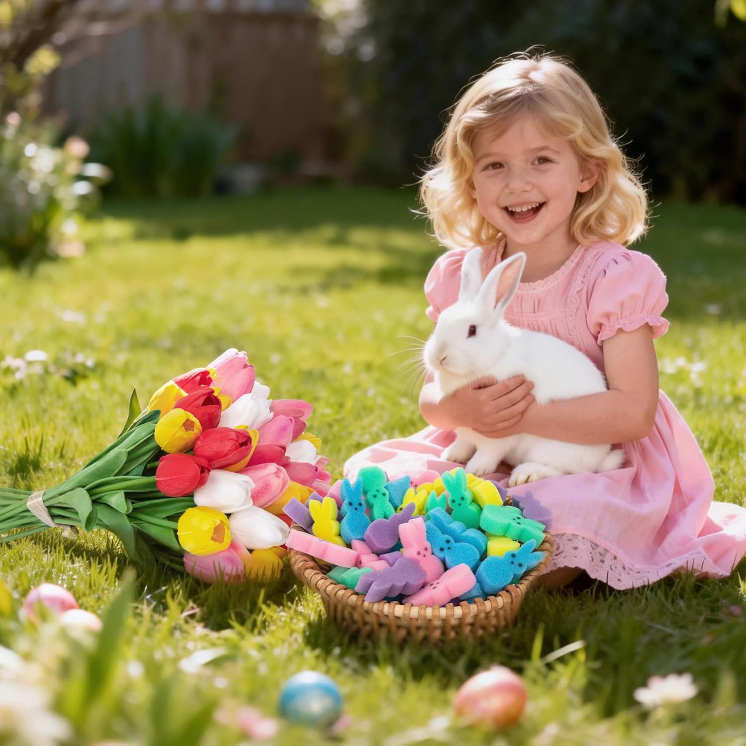 75Pcs Easter Decorations Set with 15Pcs Artificial Tulips and 60Pcs Sponge Bunnies Peeps Vase Filler, Spring Decorations for Home Indoor Decor Table Centerpiece Easter Gifts Vase Not Included