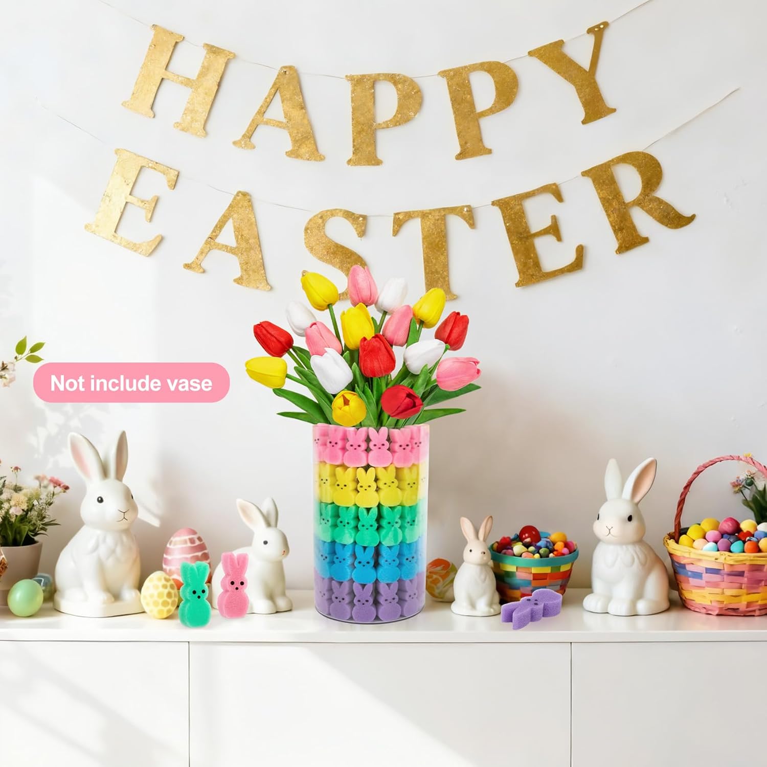 75Pcs Easter Decorations Set with 15Pcs Artificial Tulips and 60Pcs Sponge Bunnies Peeps Vase Filler, Spring Decorations for Home Indoor Decor Table Centerpiece Easter Gifts Vase Not Included