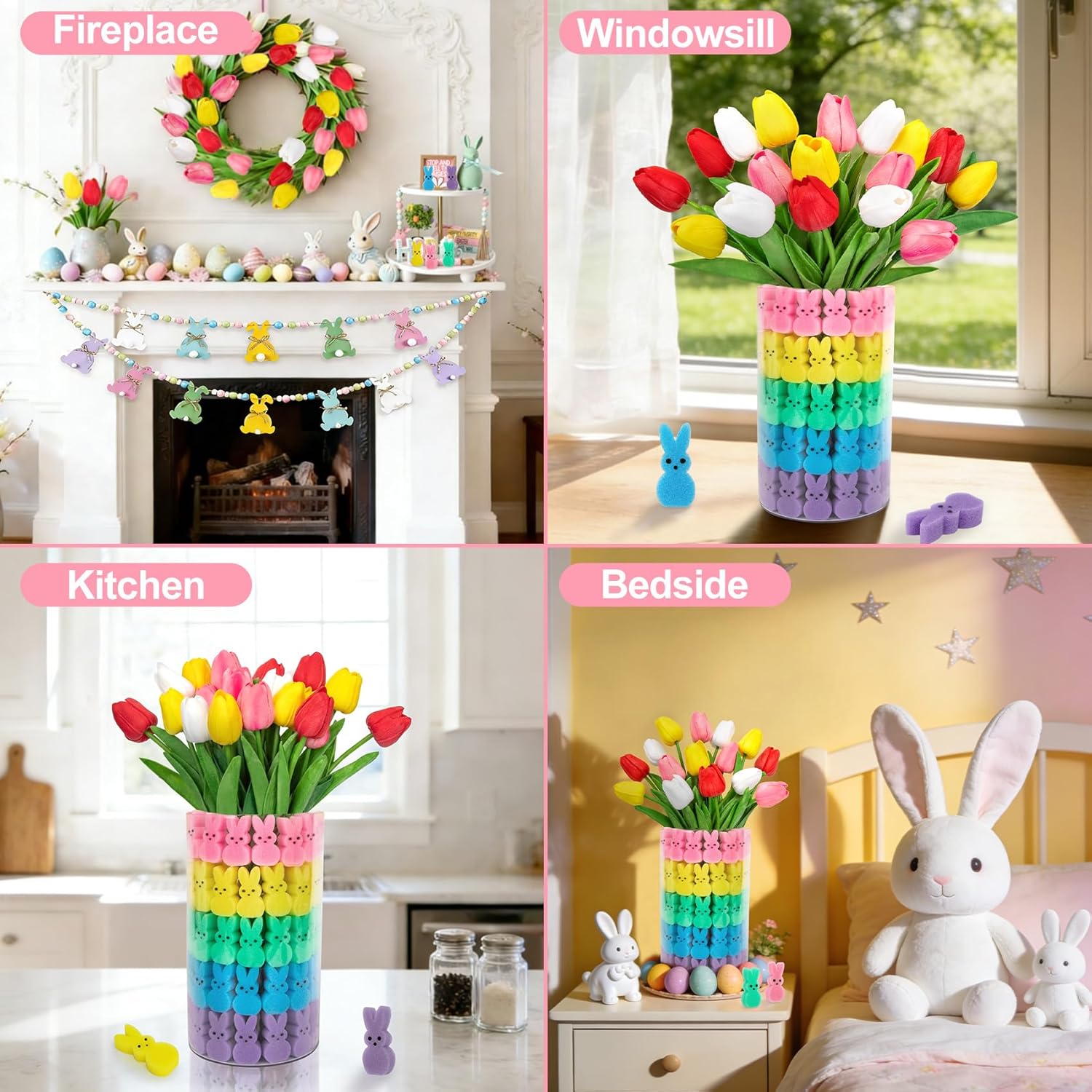 75Pcs Easter Decorations Set with 15Pcs Artificial Tulips and 60Pcs Sponge Bunnies Peeps Vase Filler, Spring Decorations for Home Indoor Decor Table Centerpiece Easter Gifts Vase Not Included