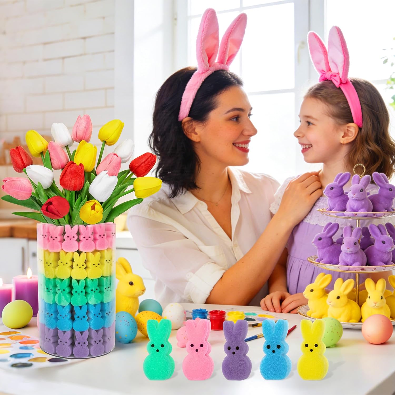75Pcs Easter Decorations Set with 15Pcs Artificial Tulips and 60Pcs Sponge Bunnies Peeps Vase Filler, Spring Decorations for Home Indoor Decor Table Centerpiece Easter Gifts Vase Not Included