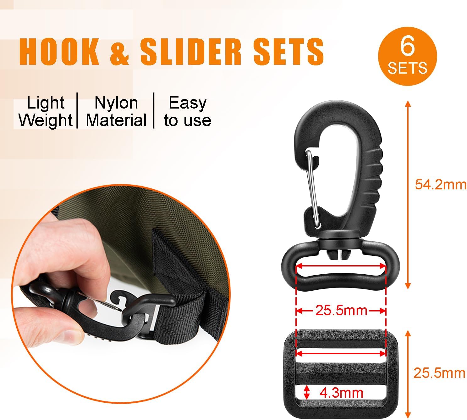 CooBigo 1" Plastic Clip Snap Hook Replacement Buckles Tri-Glide for Webbing Strap Crafting Accessories 6 Set Hooks & Adjustable Buckle