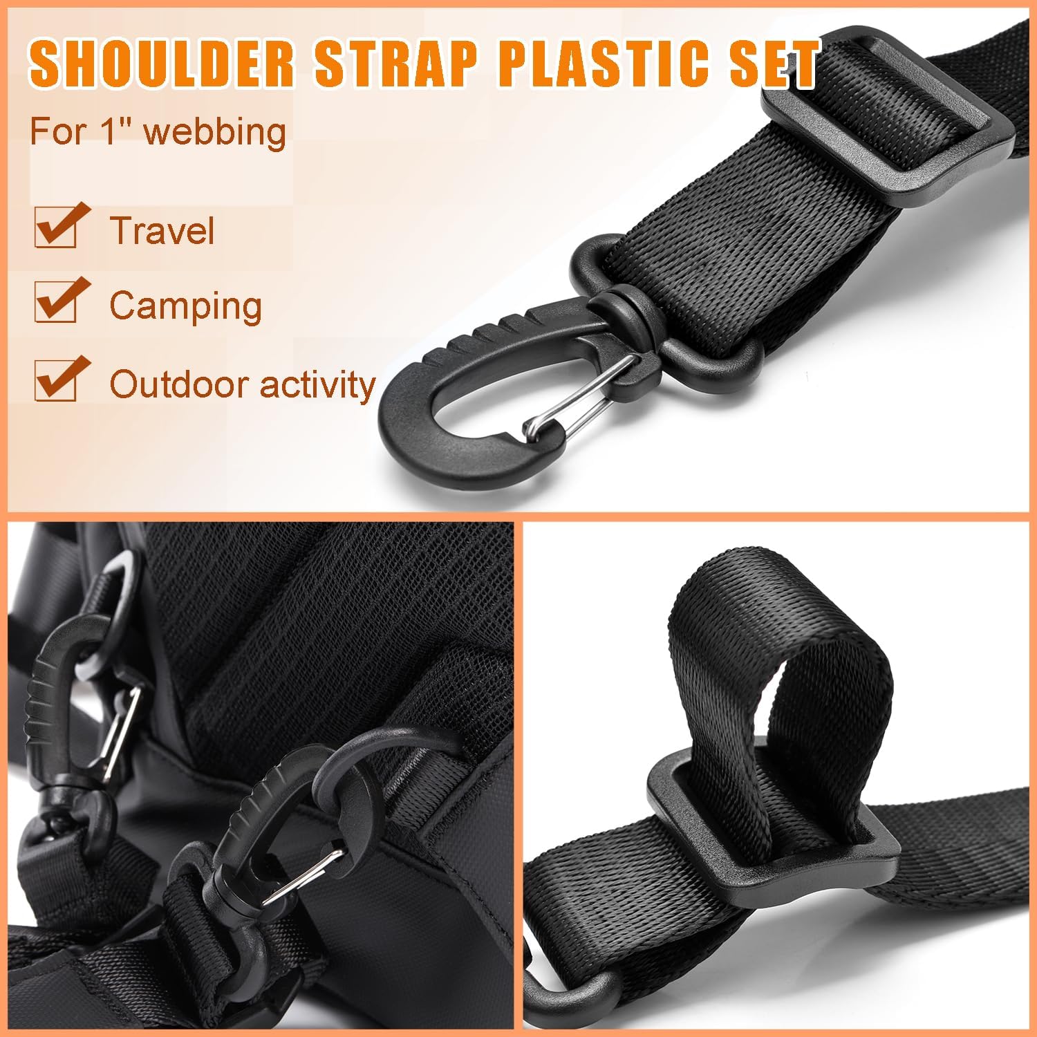 CooBigo 1" Plastic Clip Snap Hook Replacement Buckles Tri-Glide for Webbing Strap Crafting Accessories 6 Set Hooks & Adjustable Buckle