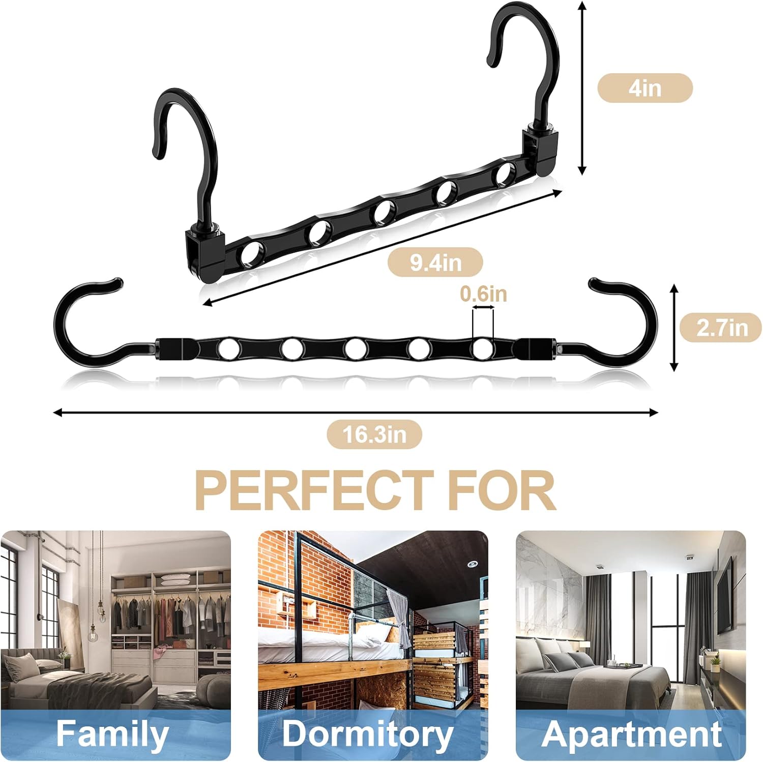 8 Pack Hangers Space Saving Magic Space Saver Storage Smart Plastic Clothes Hanger Organizer Closet Organizers and Storage for Closet Wardrobe Apartment College Dorm Room Essentials, Black
