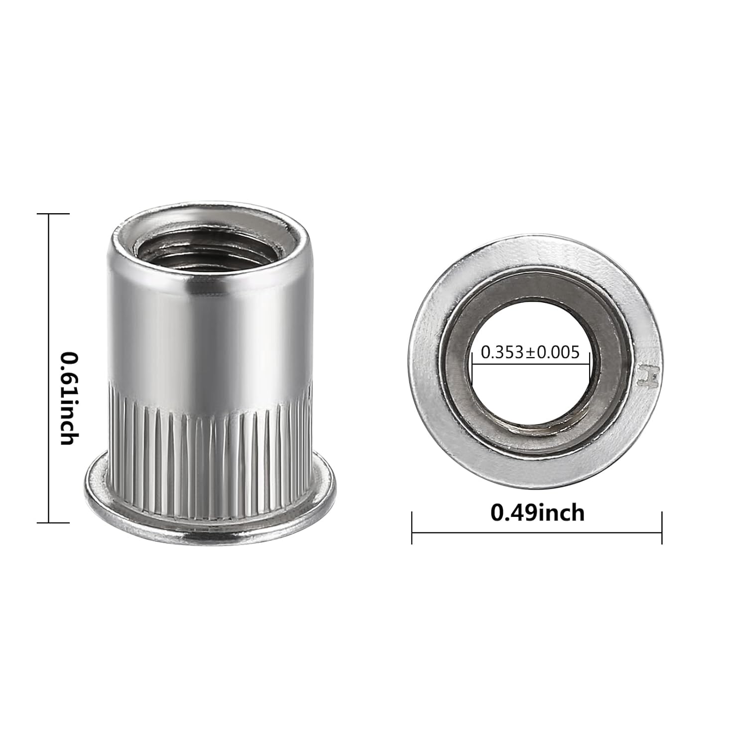 Rivet Nut 1/4"-20UNC 100Pcs Stainless Steel 304 Finish Flat Head Rivnut Threaded Insert Nut Knurled Body