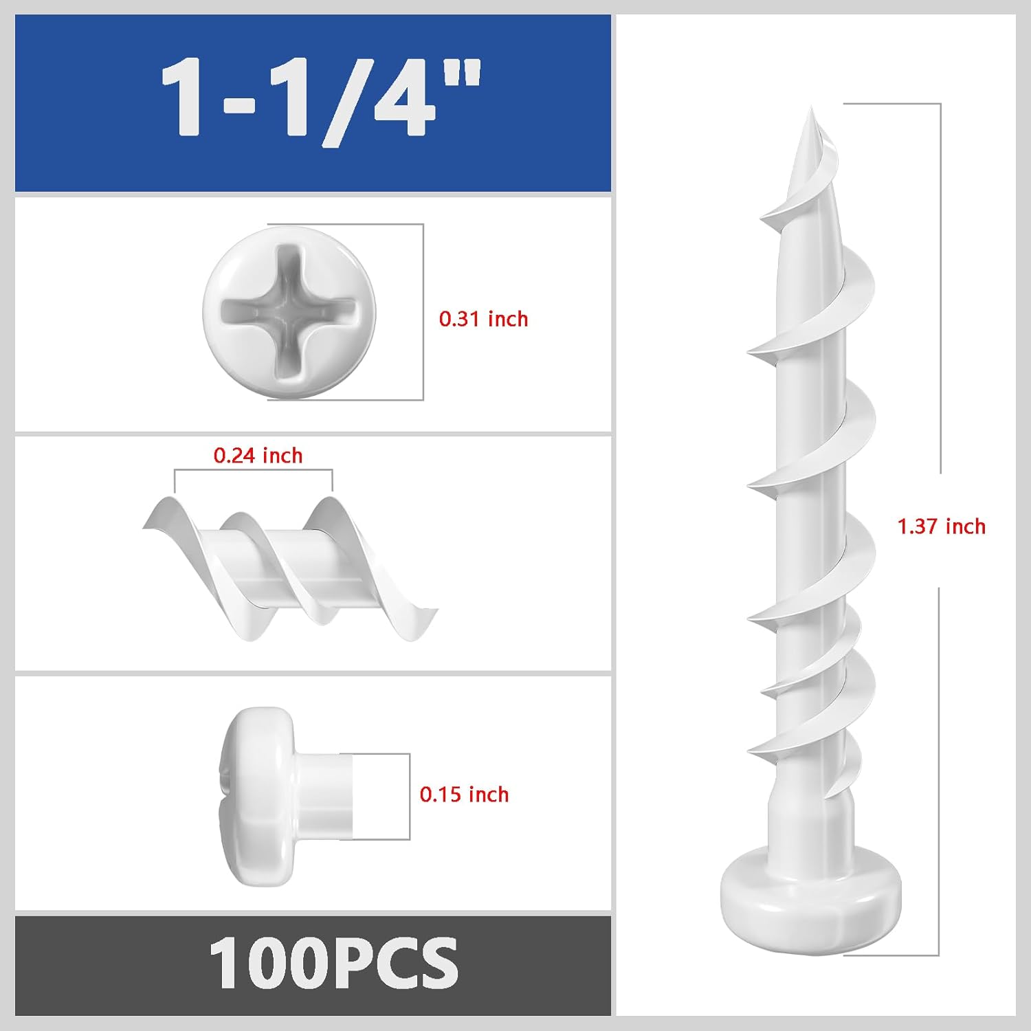 100 pcs Pan Head Drywall Anchors 1-1/4" White Anti Rt Coating, Bolt Anchor, Duty Hollow Wall Anchors