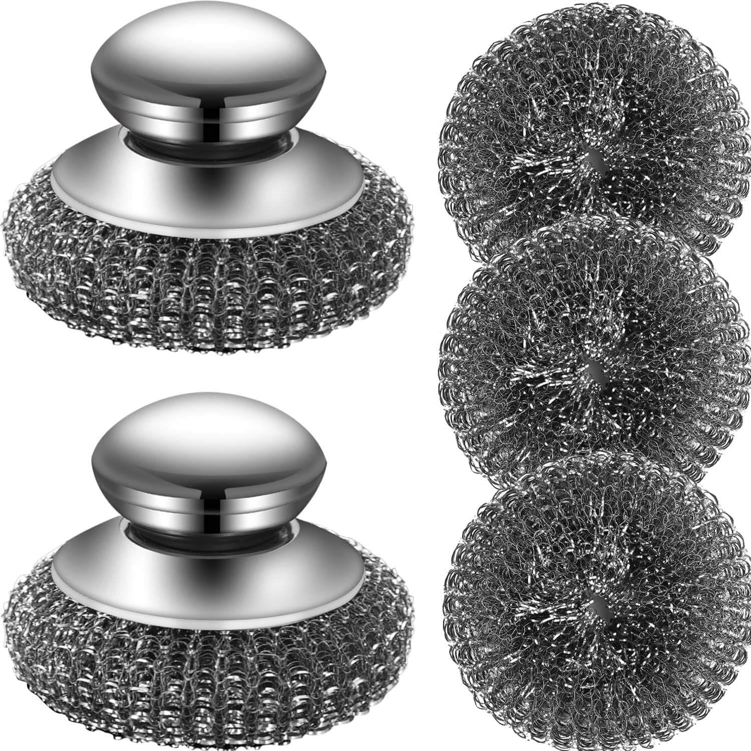 Steel Wool Scrubber with 2 Handles & 3 Replacement Wire Sponge Scouring Pads - Stainless Metal Cleaner Heavy Duty Brh for Pots, Pans, Cast Iron, Grill, Sink, Dishes, Stove, Kitchen Deep Clean