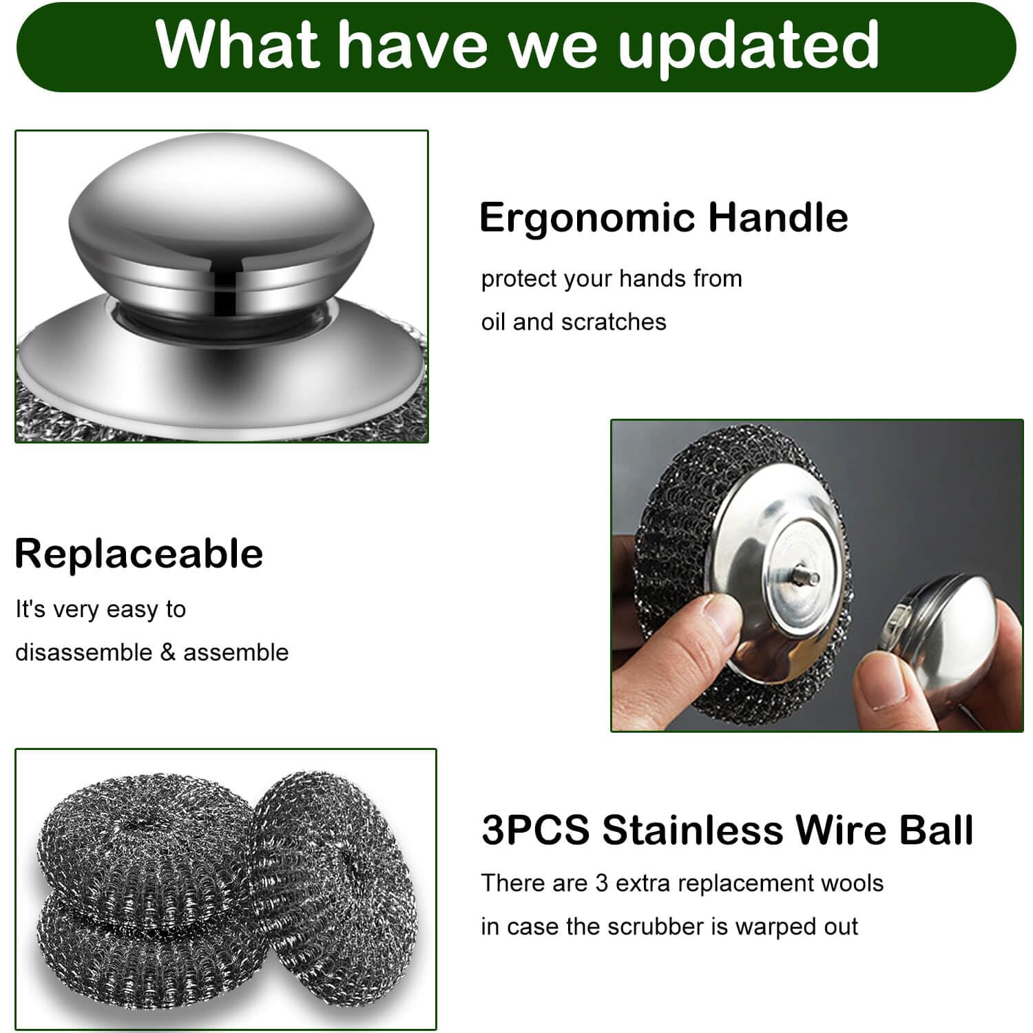 Steel Wool Scrubber with 2 Handles & 3 Replacement Wire Sponge Scouring Pads - Stainless Metal Cleaner Heavy Duty Brh for Pots, Pans, Cast Iron, Grill, Sink, Dishes, Stove, Kitchen Deep Clean