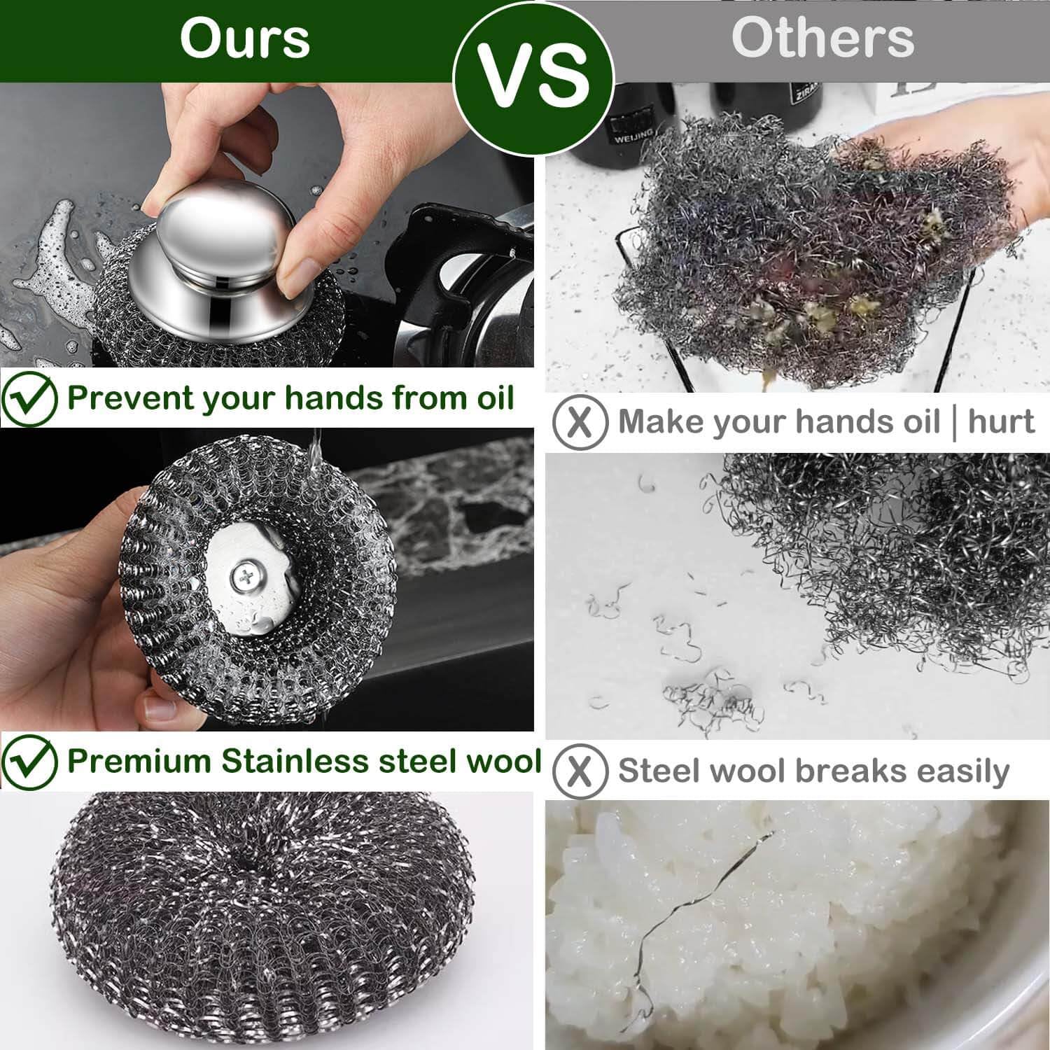 Steel Wool Scrubber with 2 Handles & 3 Replacement Wire Sponge Scouring Pads - Stainless Metal Cleaner Heavy Duty Brh for Pots, Pans, Cast Iron, Grill, Sink, Dishes, Stove, Kitchen Deep Clean