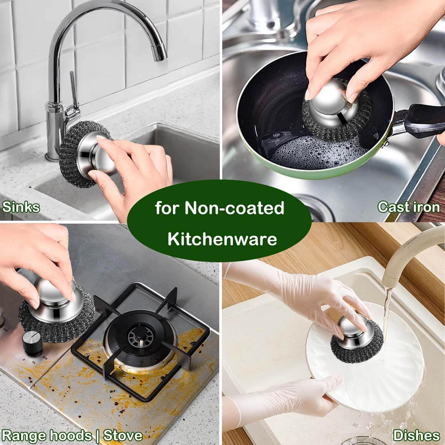 Steel Wool Scrubber with 2 Handles & 3 Replacement Wire Sponge Scouring Pads - Stainless Metal Cleaner Heavy Duty Brh for Pots, Pans, Cast Iron, Grill, Sink, Dishes, Stove, Kitchen Deep Clean