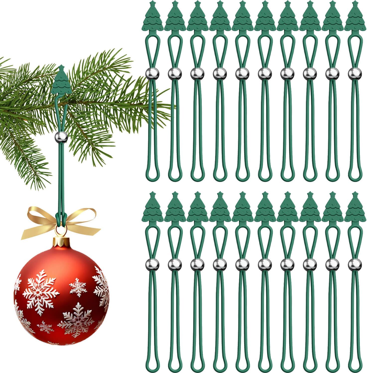 Christmas Ornament Hooks Green Tree Hanger - 20 PCS Reable Silicone Clips, Cable Ties, Cord Organizers for Holiday Decorations Storage, Elastic Stretchable