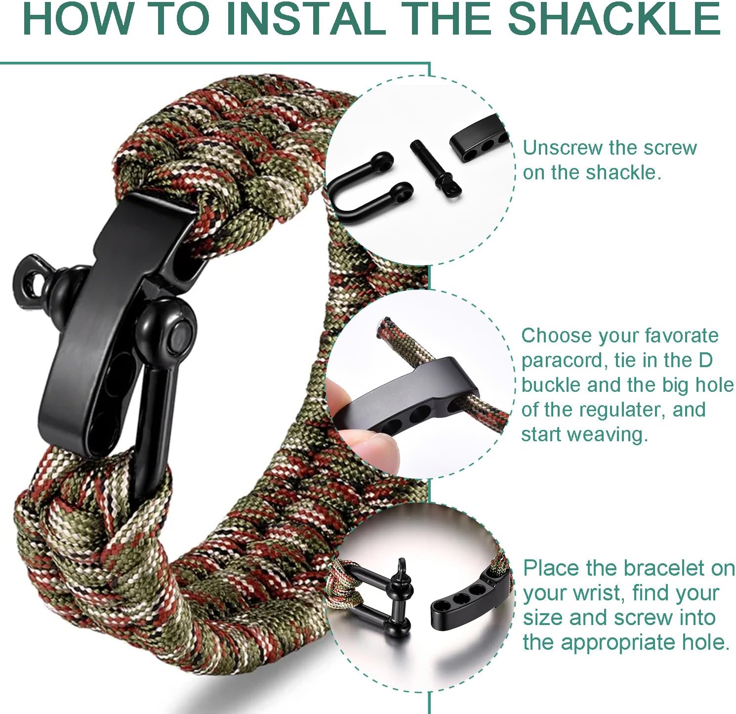 CooBigo Paracord Bracelet Shackle Buckle, Metal Survival Bracelet Bow Anchor + D Ring Shackle Clasp Adjustable Screw Pin M5