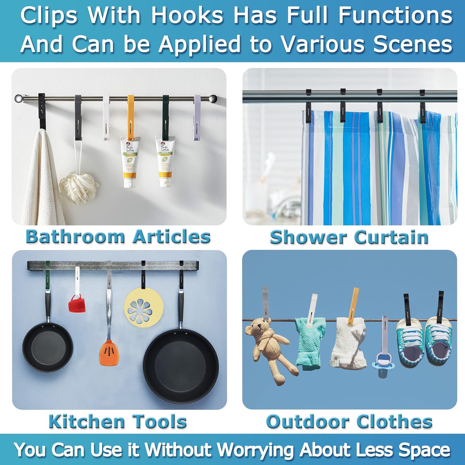 Laundry Hooks with Clips Hanger Closet Organizer Clamps Socks Boot Bras Towels for Bathroom Wardrobe Kitchen Office 4Pcs White