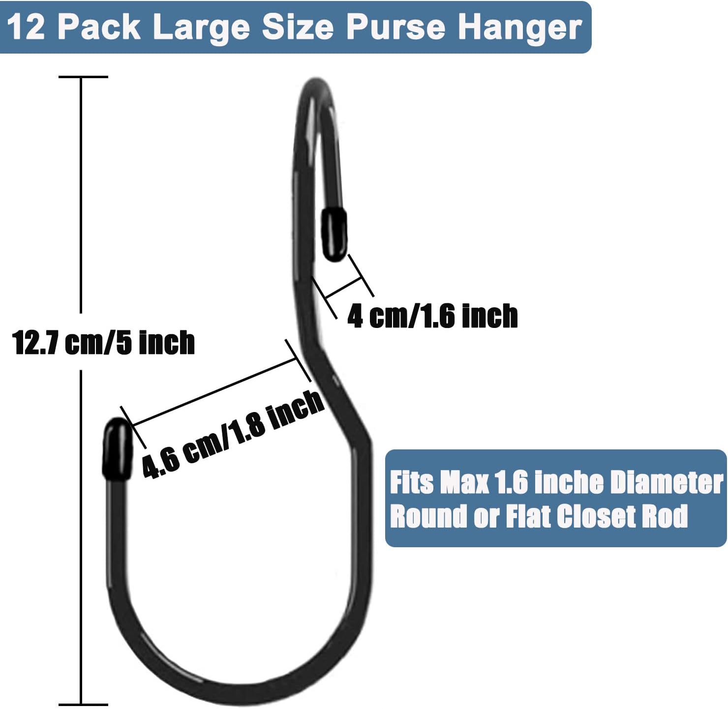 Purse Hanger for Closet, Unique Twist Design Bag Hanger Purse Hooks, 5 inch Large Size Closet Rod Hooks for Hanging Bags, Purses, Handbags, Belts, Scarves, Hats,Clothes, Pans and Pots 12 Pack Black