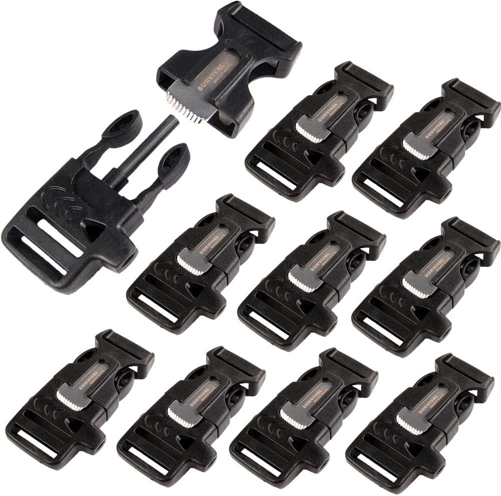 CooBigo 10Pack 3/4" 19mm Fire Starter Survival Whistle Buckle Flint Scraper for Paracord Bracelet Key Lanyard Ourdoor Hiking Camping Backpack Bag Pets Collar DIY Travel Kits