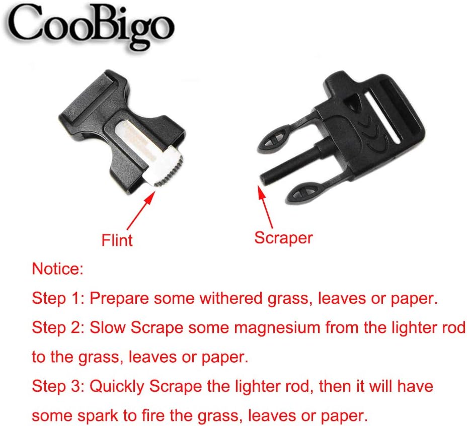 CooBigo 10Pack 3/4" 19mm Fire Starter Survival Whistle Buckle Flint Scraper for Paracord Bracelet Key Lanyard Ourdoor Hiking Camping Backpack Bag Pets Collar DIY Travel Kits