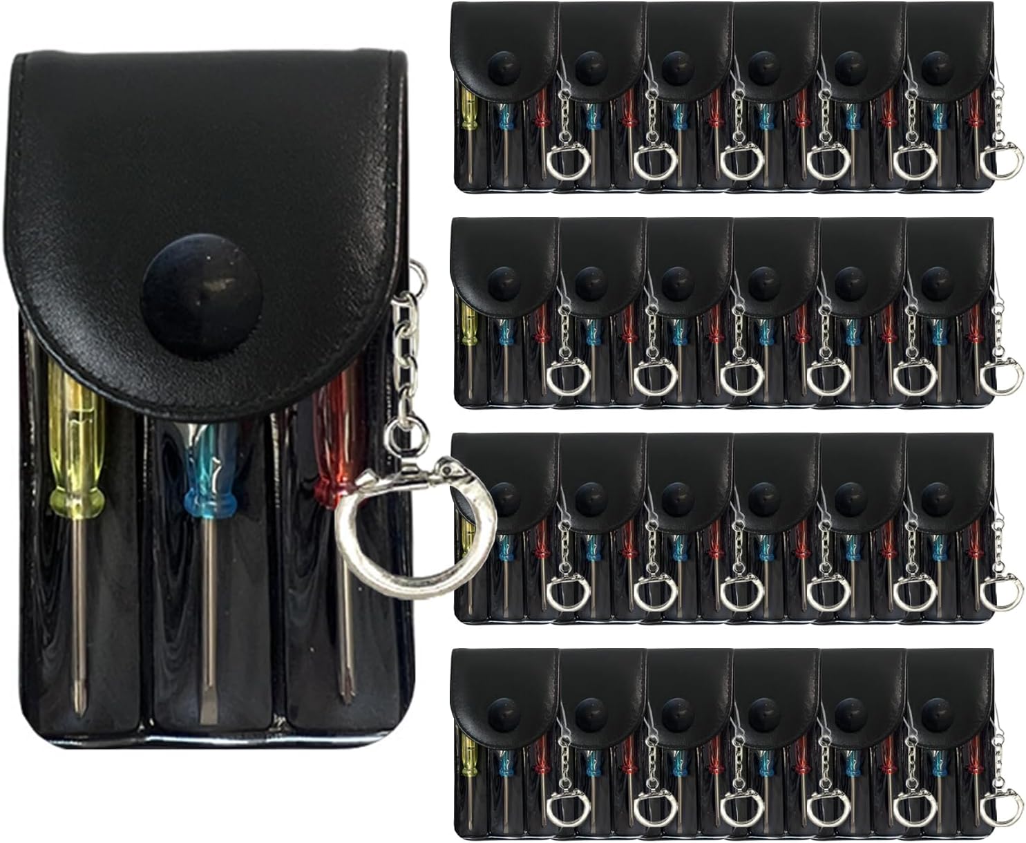 Bulk Pack Mini Screwdriver Keychain Set – 24 Sets of Handy 3-Piece Screwdrivers in a Snap-Closure Pouch with Hook, Perfect for Men, Tool Party Favors, Christmas Gifts, and Birthday Presents