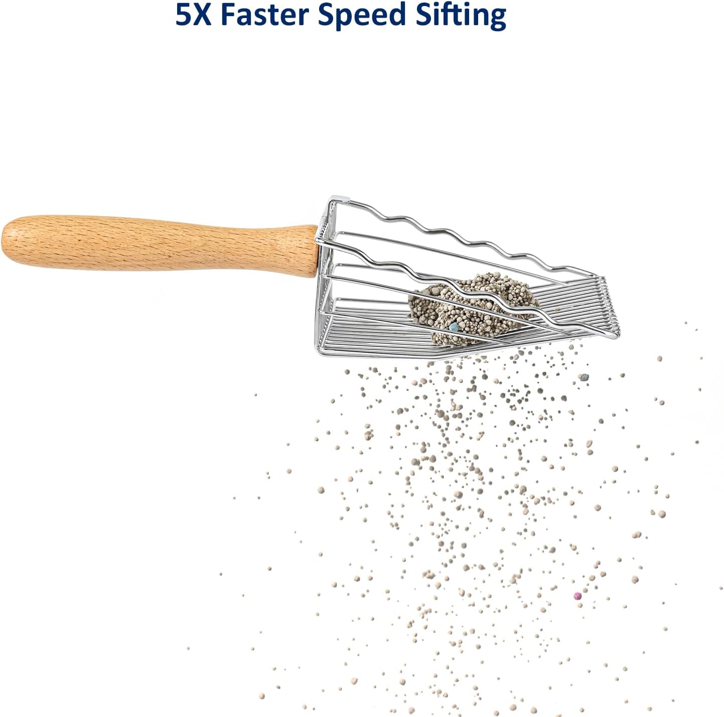 Premium Metal Cat Litter Scoop, 5X Faster Speed Sifter, Heavy Duty Steel Kitty Scooper, Beech Wood Handle, for All Litter Types, Silver