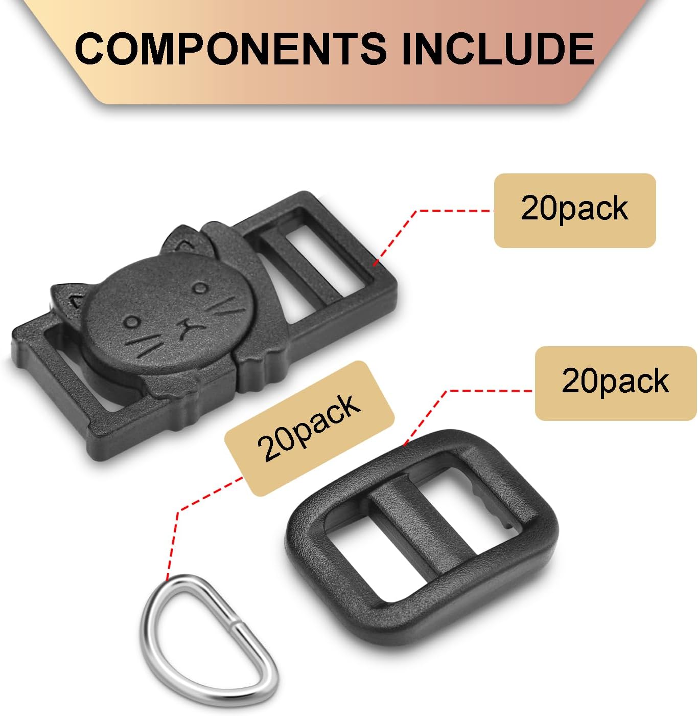 CooBigo 3/8" Breakaway Cat Collars Clasp Kit, 20 Set Break Away Lanyard Clasp Cat Safety Collar Paracord Buckles Accessories Black