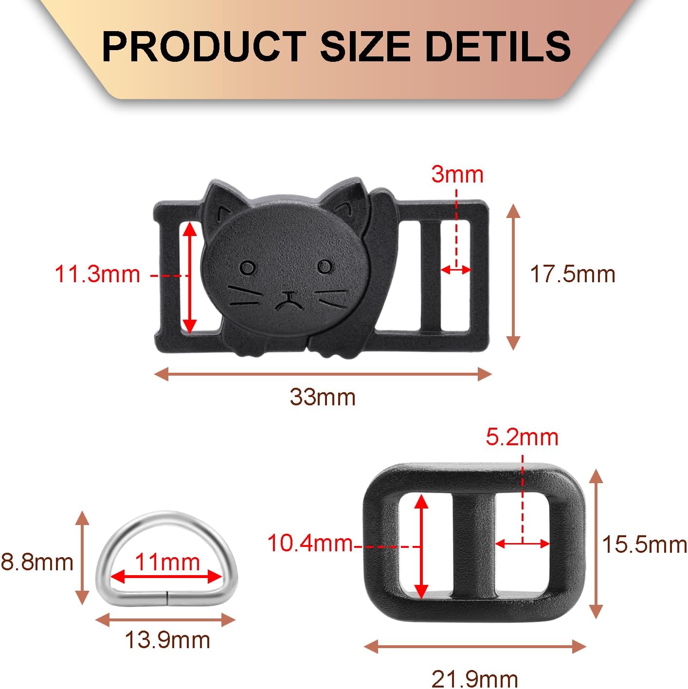 CooBigo 3/8" Breakaway Cat Collars Clasp Kit, 20 Set Break Away Lanyard Clasp Cat Safety Collar Paracord Buckles Accessories Black