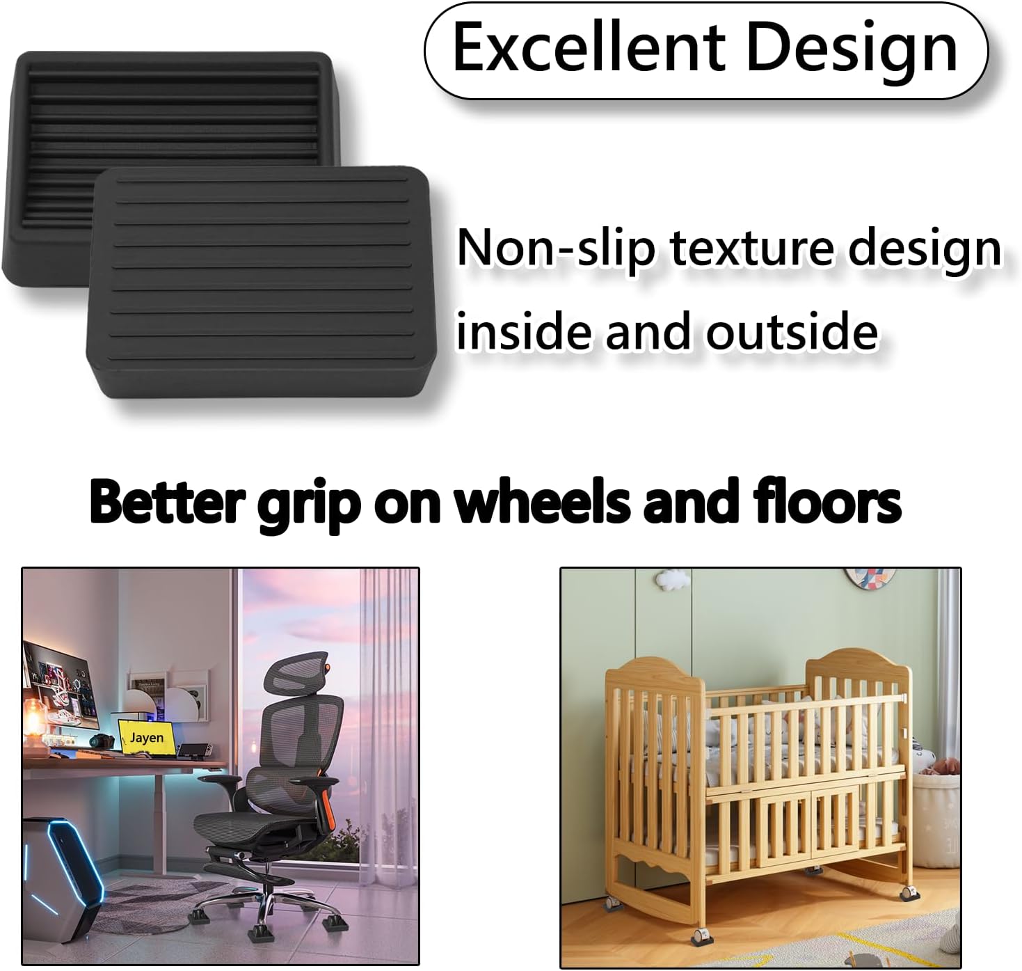Furniture Wheels Caster Cups, Non-Slip Rubber Bed Frame Stopper Floor Protector for Any Furniture with Wheels - 4 Pack Black