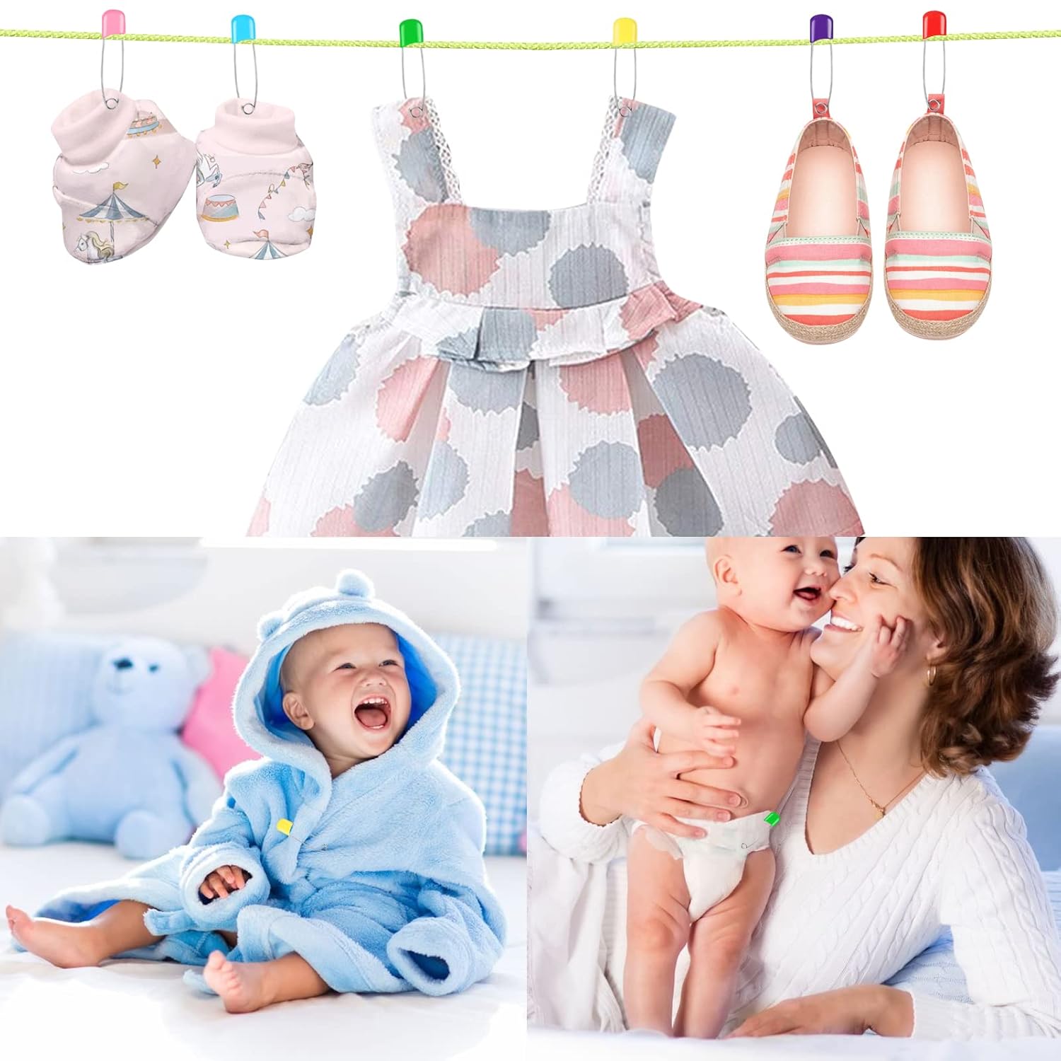 100 Pcs Diaper Pins, Baby Safety Pins, Diaper Pins for Cloth Diapers, Heavy Duty, Stainless Steel, ABS Plastic, Colorful Red, Yellow, Pink, Blue, Green, Purple , 2.2in, Safe Locking Closures