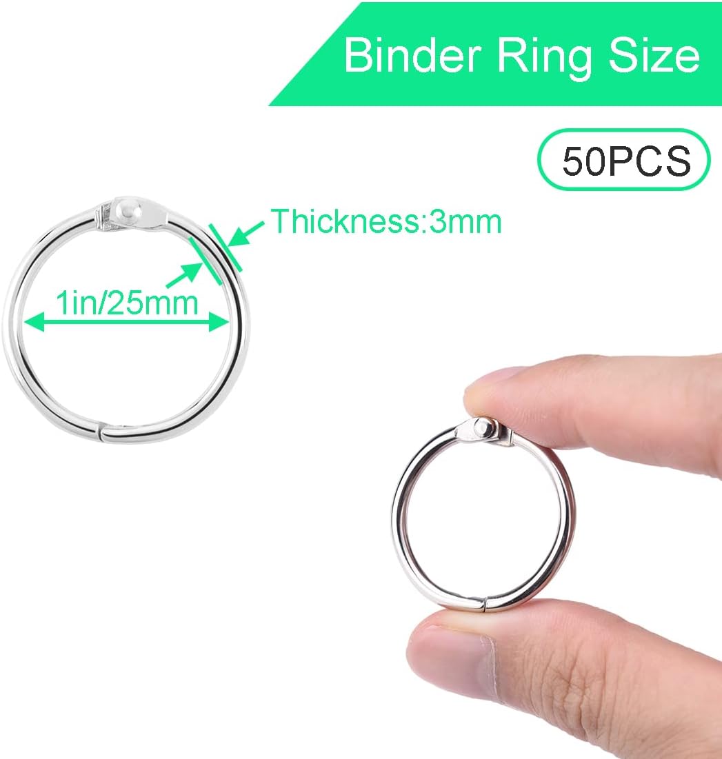 CooBigo Loose Leaf Binder Rings 1 Inch Metal Book Ring Clip for Index Card, Flashcard, Shower Curtain, DMC Embroidery Floss Organizer, Key Chain - Silver 50 Pack