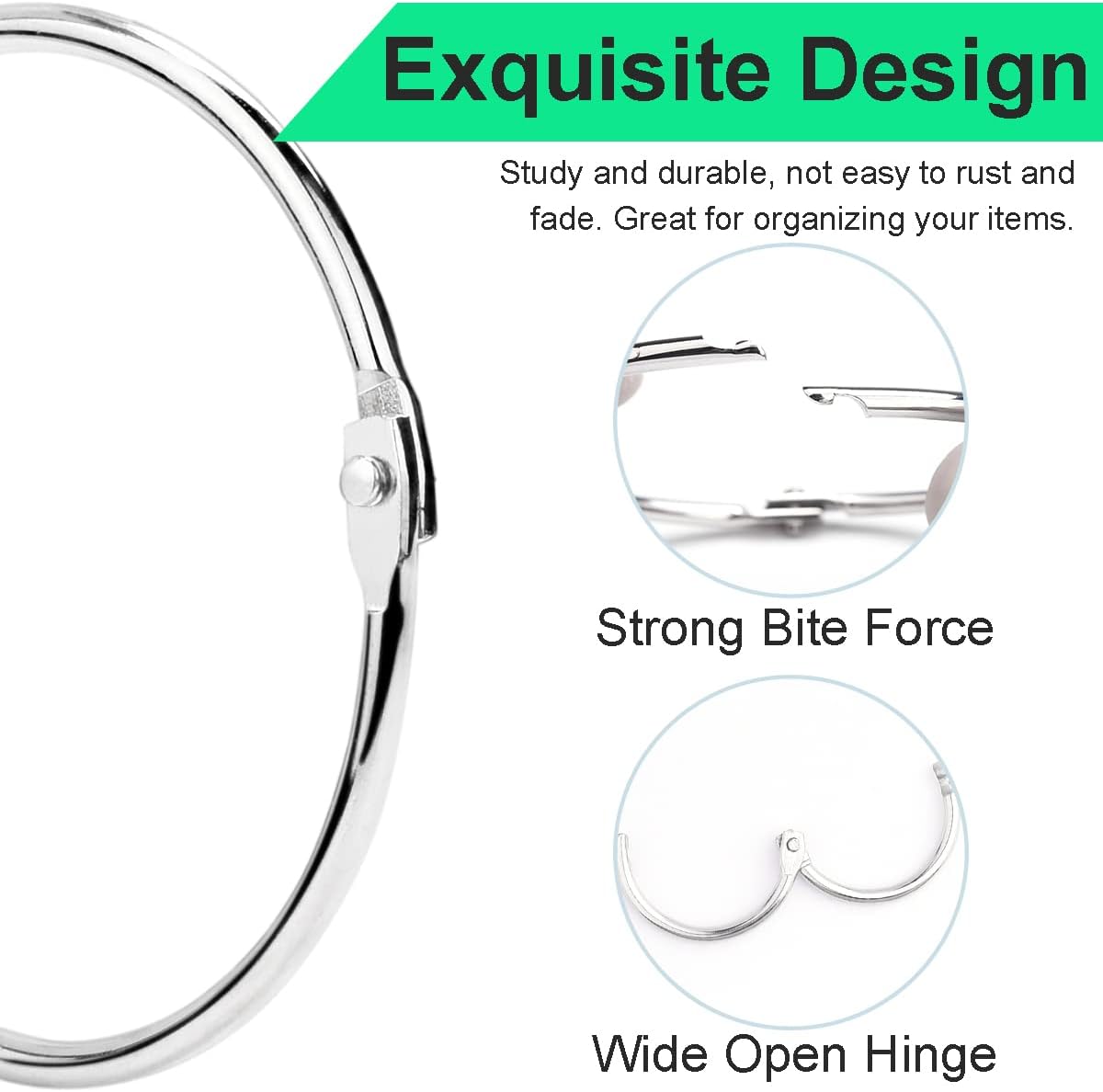 CooBigo Loose Leaf Binder Rings 1 Inch Metal Book Ring Clip for Index Card, Flashcard, Shower Curtain, DMC Embroidery Floss Organizer, Key Chain - Silver 50 Pack